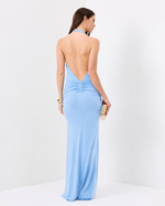 Vestido Longo Frente Única Drapeado na Cintura Azul