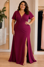 Vestido Longo Liso Manga Curta Decote V Violeta
