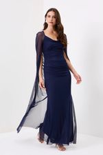 Vestido Longo com Capa Unida Azul Marinho