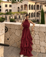 Vestido Longo Frente Única com Babados Marsala