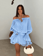 Vestido Curto com Mangas e Babados Azul