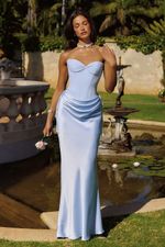 Vestido Longo com Decote coraçao, Franzido No Quadril Azul