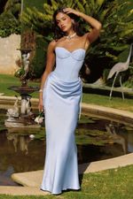 Vestido Longo com Decote coraçao, Franzido No Quadril Azul