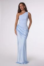 Vestido Longo Um Ombro So, Prega Na Lateral Azul