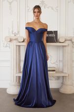 Vestido Longo Ombro a Ombro Tipo Corsete, Saia Ampla Azul Marinho