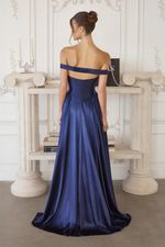 Vestido Longo Ombro a Ombro Tipo Corsete, Saia Ampla Azul Marinho