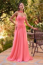 Vestido Longo Drapeado sem Alças com Corset Salmão