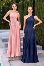 Vestido Longo Um Ombro So Com Detalhe De Flor Azul Marinho