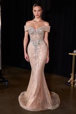 Vestido Longo Ombro a Ombro, Corset, Tule Todo Em Brilho Nude