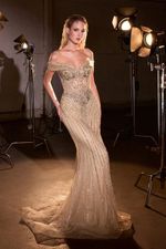 Vestido Longo Ombro a Ombro, Corset, Tule Todo Em Brilho Nude
