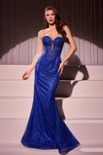 Vestido Longo Com Detalhe No Peito, Corset,Todo Em Brilho Azul
