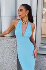 Vestido Longo  Frente Unica Decote Nas Costas Tipo Sereia Azul