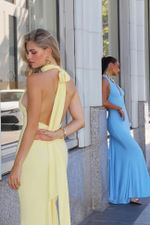 Vestido Longo  Frente Unica Decote Nas Costas Tipo Sereia Azul
