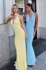 Vestido Longo  Frente Unica Decote Nas Costas Tipo Sereia Azul