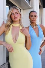 Vestido Longo  Frente Unica Decote Nas Costas Tipo Sereia Amarelo