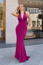 Vestido Longo  Frente Unica Decote Nas Costas Tipo Sereia Fucsia