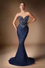Vestido Longo Tomara Que Caia Todo Em Pedra Brilho Azul Marinho
