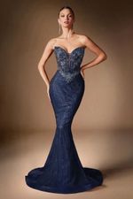 Vestido Longo Tomara Que Caia Todo Em Pedra Brilho Azul Marinho