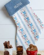 Bota de Natal Com Bordado OLIVIA | Listrado Floral + Cinza Blue