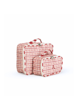 Kit Necessaire Maletinha | Xadrez 2 Cores Rose E Vermelho + Listrado Vermelho