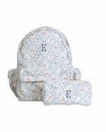 Mochila Kids + Estojo | Losango Azul Claro E Florzinhas