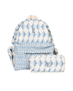 Mochila Kids + Estojo | Losango 2 Cores Azul Jeans E Azul Claro + Florzinhas Azul Jeans