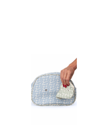 Necessaire Meia Lua Com Bolsos | Florzinhas Azul Jeans + Florzinhas Verde Menta