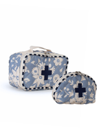 Necessaire Remédios |Florzinhas Azul Claro Grande Matelassado + Listrado Azul Marinho