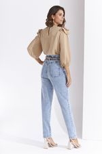 CALÇA JEANS C/ ELÁSTICO E FAIXA ESTAMPADA