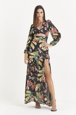 VESTIDO LONGO PENA FLORAL FENDA FRENTE