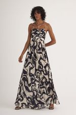 VESTIDO LONGO ONDAS C/ SAIA PLISSADA