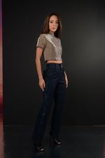 CALÇA LYCRA PERNA RETA LAV. ESCURA C/ BRILHO LATERAL