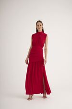 VESTIDO LONGO LISO C/ PREGA E FENDA NA SAIA