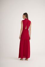 VESTIDO LONGO LISO C/ PREGA E FENDA NA SAIA