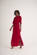 VESTIDO LONGO LISO EM CREPE C/ MANGA RAGLAN E SAIA RETA