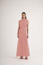 VESTIDO LONGO LISO C/ PREGA E FENDA NA SAIA
