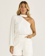 BLUSA EM CREPE OMBRO ÚNICO C/ GOLA PADRE