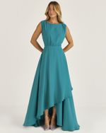 VESTIDO LONGO LISO EM CREPE C/ SAIA CASCATA TRANSPASSADA