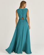 VESTIDO LONGO LISO EM CREPE C/ SAIA CASCATA TRANSPASSADA