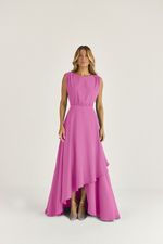 VESTIDO LONGO LISO EM CREPE C/ SAIA CASCATA TRANSPASSADA