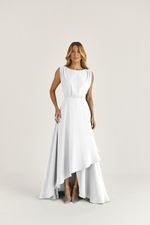 VESTIDO LONGO LISO EM CREPE C/ SAIA CASCATA TRANSPASSADA