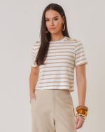T-SHIRT CROPPED DE MALHA LISTRADA C/ BOTÕES OURO