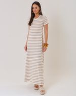 VESTIDO LONGUETE MALHA LISTRADA C/ BOTÕES OURO