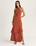 VESTIDO LONGO EM CREPE C/ BABADOS ASSIMÉTRICOS