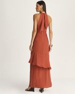 VESTIDO LONGO EM CREPE C/ BABADOS ASSIMÉTRICOS