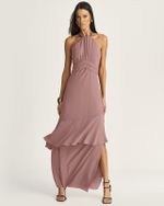 VESTIDO LONGO EM CREPE C/ BABADOS ASSIMÉTRICOS