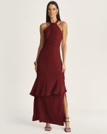 VESTIDO LONGO EM CREPE C/ BABADOS ASSIMÉTRICOS