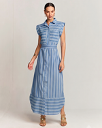 VESTIDO MIDI CHAMISE LISTRA CAMBRIEDGE COM FAIXA