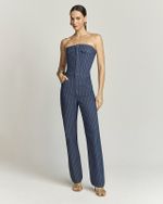 MACACÃO TOMARA QUE CAIA JEANS C/ LYCRA RISCA DE GIZ
