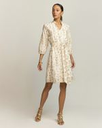 VESTIDO CURTO BORDADO FLORAL OURO C/ FAIXA